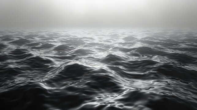  A grayscale image depicts a vast water expanse, illuminated by the sun beyond a hazy atmosphere