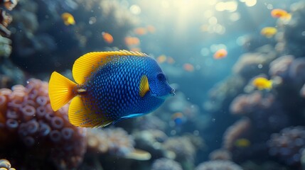 Naklejka na ściany i meble A focused image of a vibrant blue-yellow fish on a coral amidst numerous other fish in the water behind it