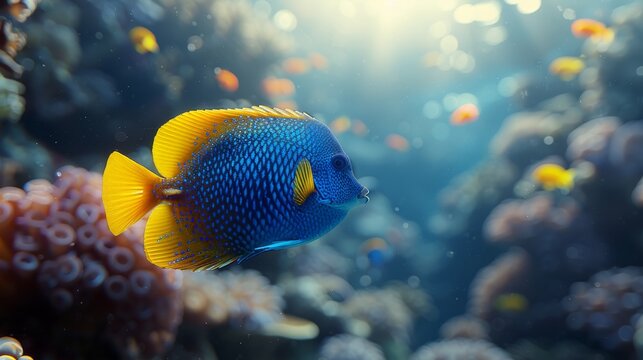  A focused image of a vibrant blue-yellow fish on a coral amidst numerous other fish in the water behind it