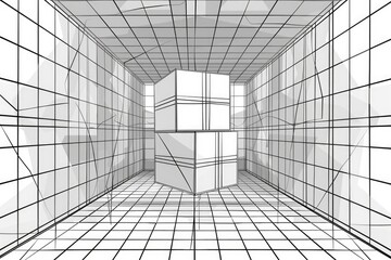 A drawing of a cube in a room, suitable for educational purposes - obrazy, fototapety, plakaty