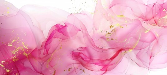 Abstract background with pink alcohol ink waves and golden lines, fluid art in the style of pink rose petals. Elegant composition suitable for luxury branding or wedding and boutique graphics