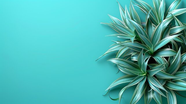 A photo of a close-up green plant against a blue backdrop with room for text or an additional plant image