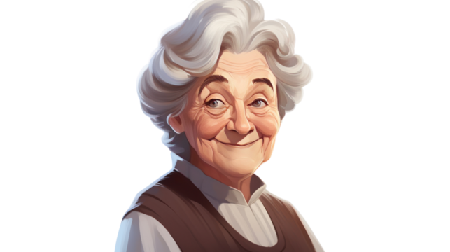 cartoon concept,old granny woman is smiling toothy fillet isolated on transparent and white background.PNG image.