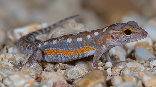   a little reptile resting on rocky terrain, adorned with contrasting yellow and orange stripes across its torso