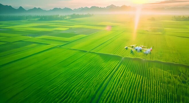 Smart agriculture , farm , precision farming concept. Drone and NIR images application screen used to create field health maps for normalize difference vegetation index in field rice with flare light.