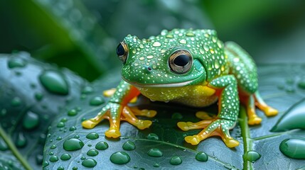  Frog on leaf with water droplets, green backdrop