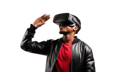 Metaverse technology concept,teen male uses modern technologies ,Cheerful stylish female in vr headset isolated on transparent and white background.PNG image.