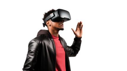 Metaverse technology concept,teen male uses modern technologies ,Cheerful stylish female in vr headset isolated on transparent and white background.PNG image.
