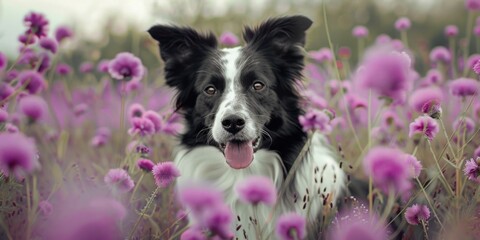A black and white dog sitting peacefully in a field of purple flowers. Ideal for pet lovers and...