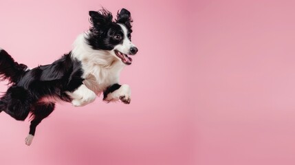 A black and white dog jumping in the air. Suitable for pet or action-related projects