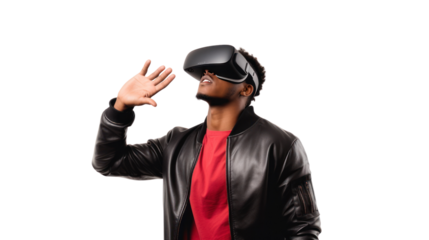 Metaverse technology concept,teen male uses modern technologies ,Cheerful stylish female in vr headset isolated on transparent and white background.PNG image.