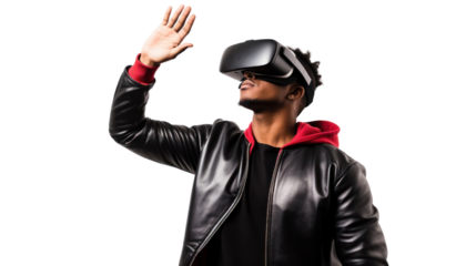 Metaverse technology concept,teen male uses modern technologies ,Cheerful stylish female in vr headset isolated on transparent and white background.PNG image.