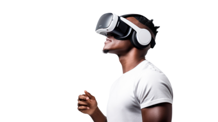 Metaverse technology concept,teen male uses modern technologies ,Cheerful stylish female in vr headset isolated on transparent and white background.PNG image.
