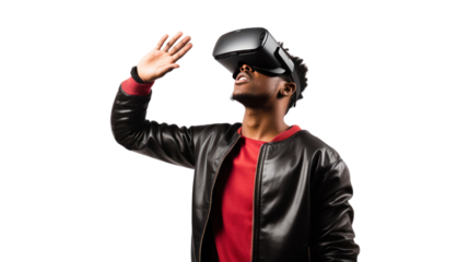 Metaverse technology concept,teen male uses modern technologies ,Cheerful stylish female in vr headset isolated on transparent and white background.PNG image.