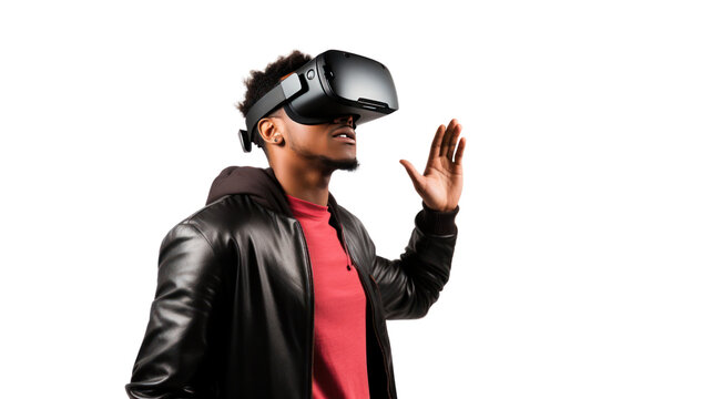 Metaverse technology concept,teen male uses modern technologies ,Cheerful stylish female in vr headset isolated on transparent and white background.PNG image.