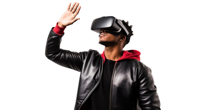 Metaverse technology concept,teen male uses modern technologies ,Cheerful stylish female in vr headset isolated on transparent and white background.PNG image.