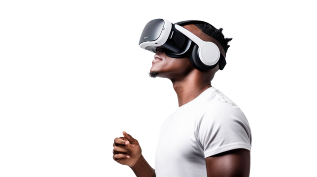 Metaverse technology concept,teen male uses modern technologies ,Cheerful stylish female in vr headset isolated on transparent and white background.PNG image.