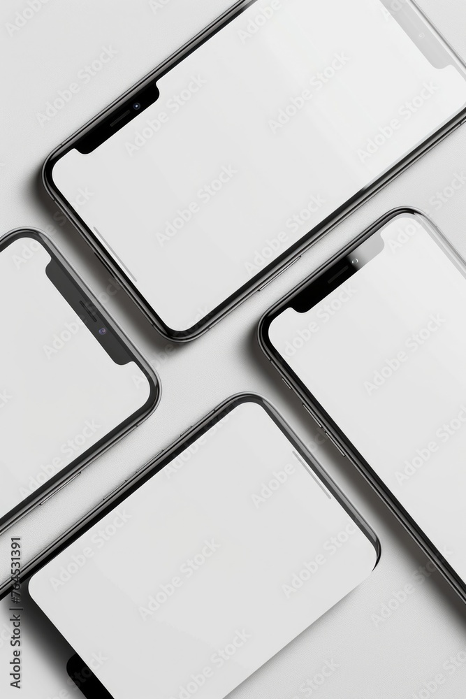 Poster a group of four phones lined up next to each other. can be used for technology concepts