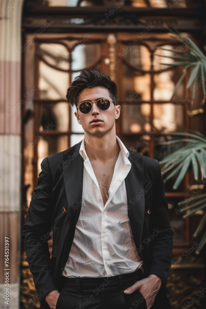 Poster A man in a suit and sunglasses standing in front of a building. Suitable for business and corporate concepts