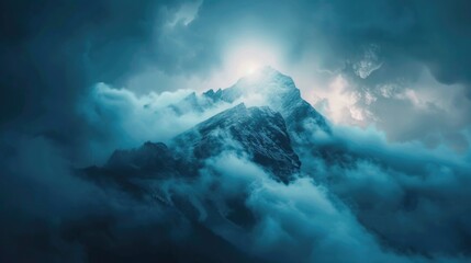 Mountain covered in clouds under a cloudy sky, suitable for nature and landscape themes