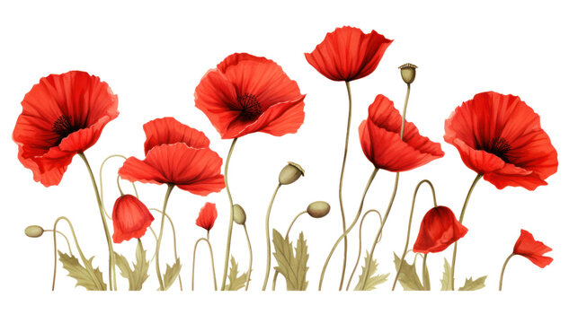 Red poppies ,copy spade  isolated on transparent and white background.PNG image.	