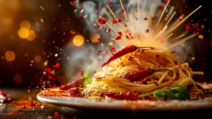 Cercles muraux Piments forts A fiery red explosion behind,Red chili flakes cascading down onto a plate of hot pasta, adding a fiery touch