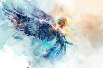 A beautiful angel painted in a blue dress. Suitable for religious or spiritual themes - obrazy, fototapety, plakaty