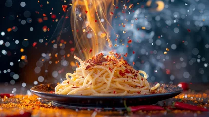 Papier Peint photo autocollant Piments forts A fiery red explosion behind,Red chili flakes cascading down onto a plate of hot pasta, adding a fiery touch