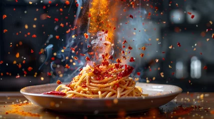 Photo sur Plexiglas Piments forts A fiery red explosion behind,Red chili flakes cascading down onto a plate of hot pasta, adding a fiery touch