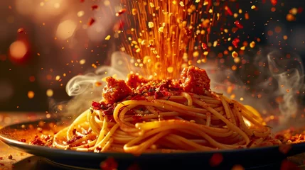 Cercles muraux Piments forts A fiery red explosion behind,Red chili flakes cascading down onto a plate of hot pasta, adding a fiery touch