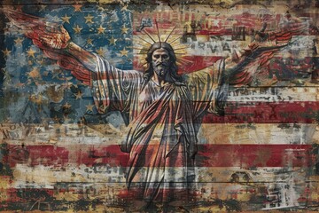 Naklejka premium Statue of Liberty painting on American flag, suitable for patriotic themes