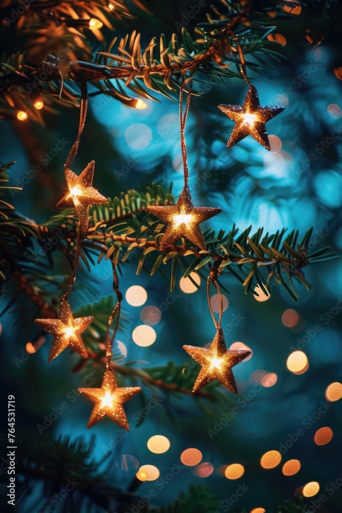 Poster Close up view of a Christmas tree with glowing lights in the background. Ideal for holiday season concepts