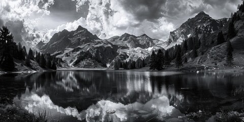 A serene mountain lake captured in black and white. Ideal for nature-themed designs