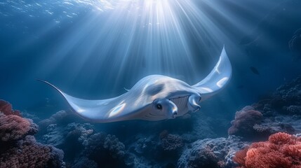  A manta ray glides over a vibrant coral reef amidst a cerulean ocean, illuminated by golden sunlight