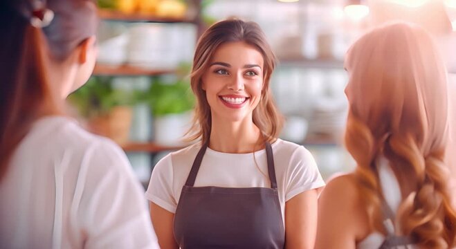 Smiling female waitress take order talk to clients cafe restaurant visitors couple, friendly professional woman server wear apron write dinner food menu choice, serving staff good customer service