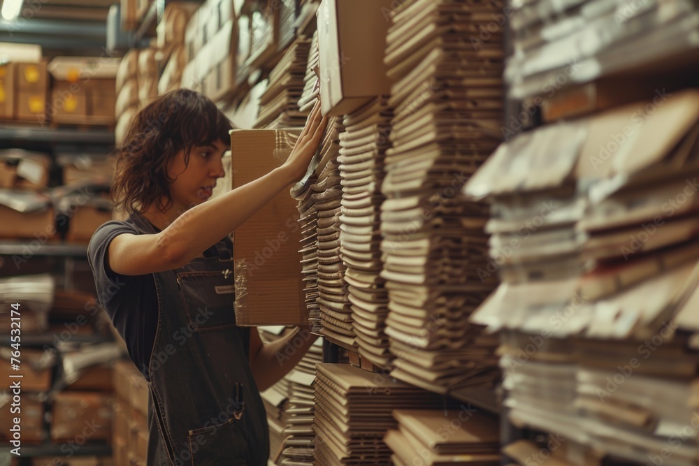 Poster a woman standing in front of a stack of boxes. ideal for logistics and storage concepts