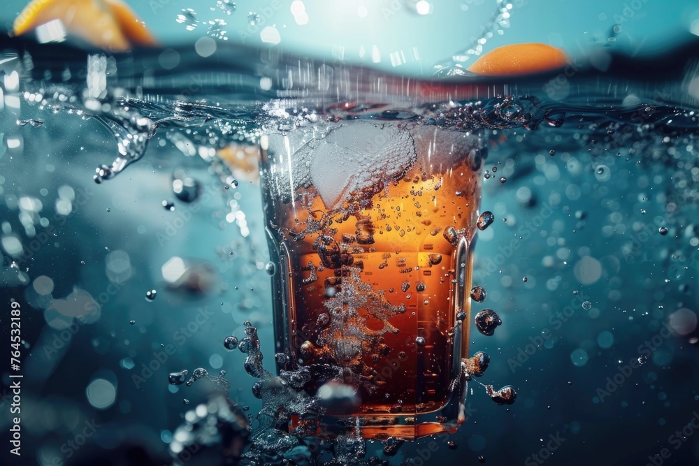 Poster a unique image of a beer glass floating in water. perfect for creative projects