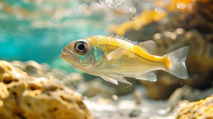  A close-up of a fish swimming in water with rocky terrain in the foreground and water bubbles in the background