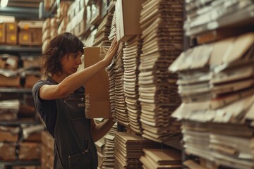 A woman standing in front of a stack of boxes. Ideal for logistics and storage concepts - obrazy, fototapety, plakaty