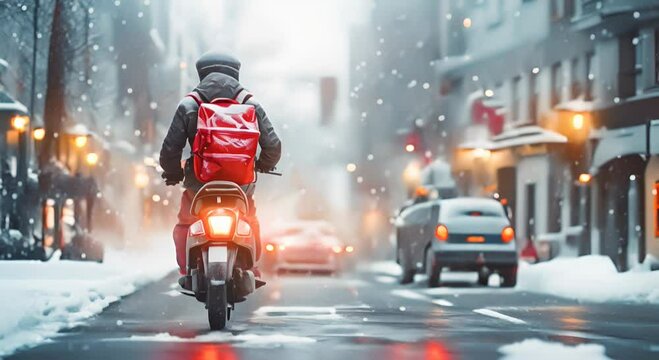 Delivery service from cafes and restaurants, a courier on a scooter with a red backpack travels under the snow. A courier delivers food on a motorcycle.