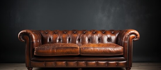 Fototapeta premium A classic brown leather chesterfield sofa set against a sleek black wall, creating a stylish and elegant living room decor