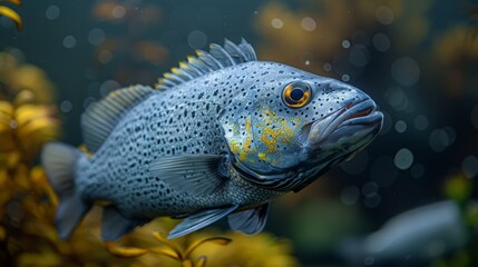 Obraz premium Fish in water with plant foreground & water droplets background