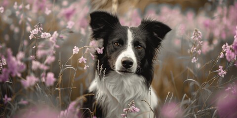 A black and white dog sitting peacefully in a field of colorful flowers. Perfect for pet lovers or nature enthusiasts