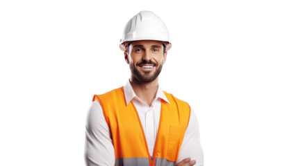 Handsome young engineer with uniform isolated on transparent and white background.PNG image.	