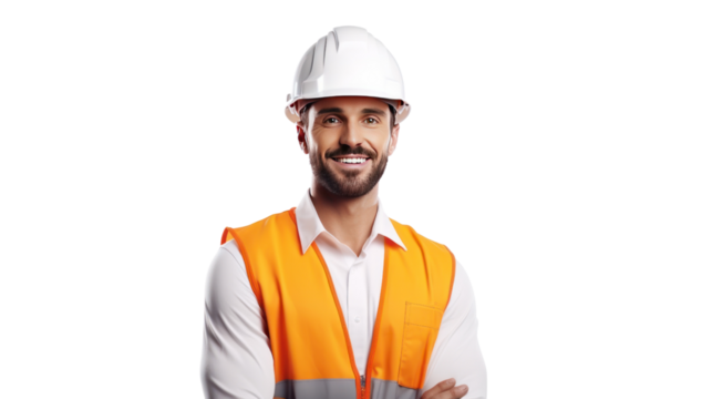 Handsome young engineer with uniform isolated on transparent and white background.PNG image.	