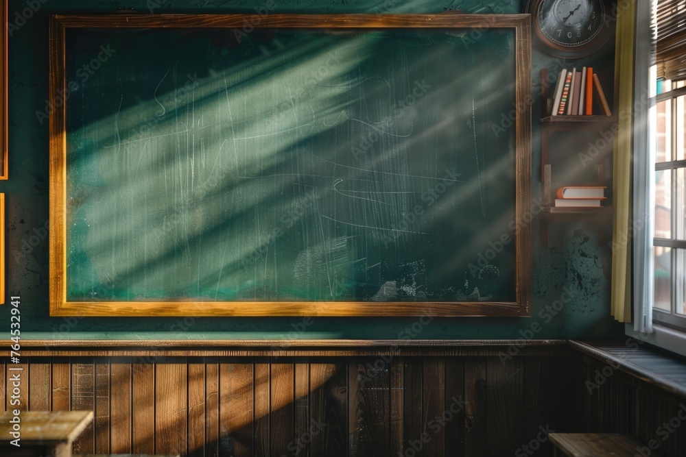 Poster A classroom setting with a chalkboard and a window. Ideal for educational concepts