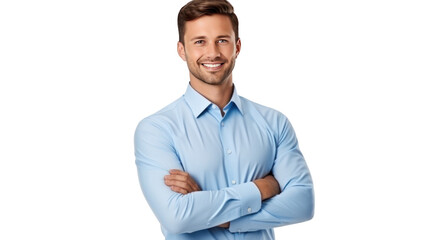 Handsome smiling business man in blue shirt  isolated on transparent and white background.PNG image.	 - obrazy, fototapety, plakaty