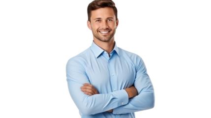 Handsome smiling business man in blue shirt  isolated on transparent and white background.PNG image.	