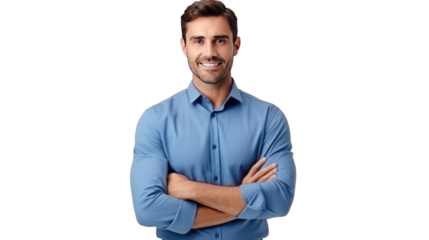Handsome smiling business man in blue shirt  isolated on transparent and white background.PNG image.	
