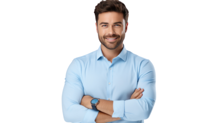 Handsome smiling business man in blue shirt  isolated on transparent and white background.PNG image.	